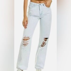 NWT WeWoreWhat Light Icy Wash Mid-Rise Straight Leg Distressed Denim